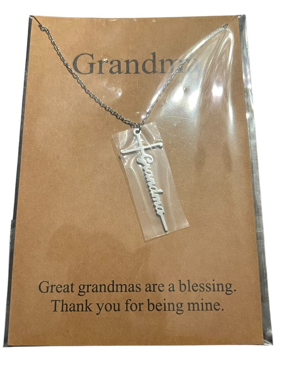 Grandma Script Cross Necklace - Silver